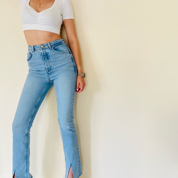 Zara high waisted blue front slits straight leg denim full length jeans - Picture 2 of 15